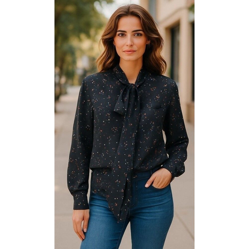 Vintage Ms. Bond Black Button-Up Blouse With Tie Neck & Colorful Confetti Print - Picture 1 of 7
